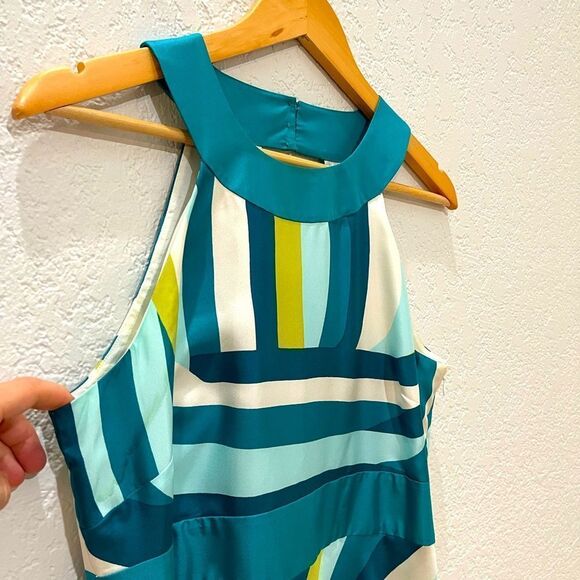 Ann Taylor Silk Aqua Pattern Halter Dress Size 8 - Picture 7 of 13